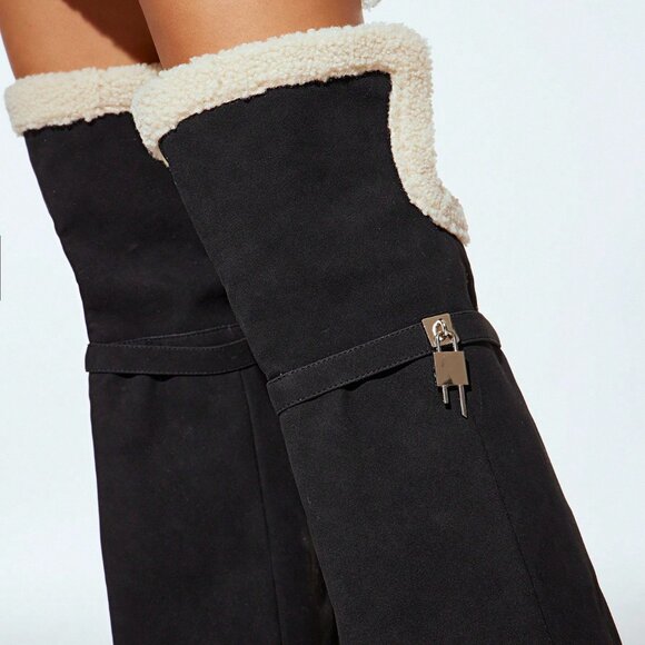 Black Suede Over-Knee faux suede and faux sherpa trim High Heel Boots - Picture 6 of 7